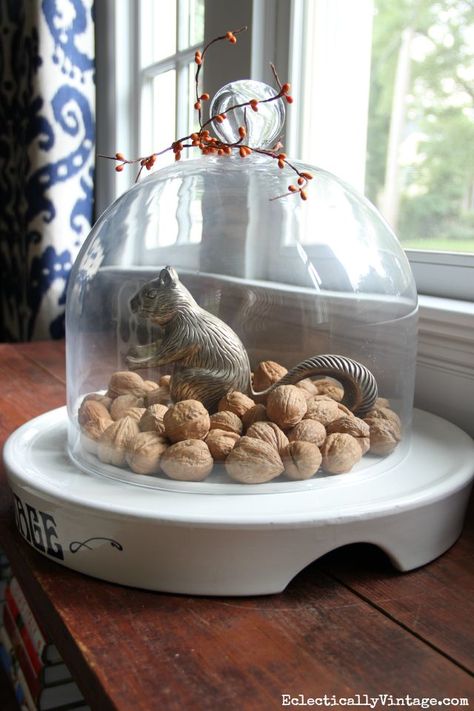 Glass Cloche Decor, Cloche Decor, Vintage Squirrel, Fall Decorating Ideas, Fall Home Tour, Berry Garland, Autumn Display, Fall Deco, Autumn Decorating