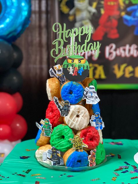 Lego Donuts Party Ideas, Ninjago Bedroom, Donut Tower, Lego Birthday Cake, Ninjago Birthday, Ninjago Party, Ninja Birthday, Birthday Donuts, 5th Birthday Party Ideas