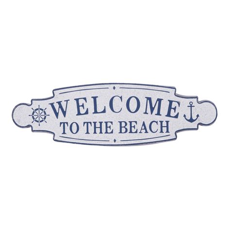 "Buy this 36\" Blue Coastal Metal Wall Sign at Michaels. com. Add beachy coastal charm to your home with this large metal wall décor sign. Add beachy coastal charm to your home with this large metal wall décor sign. The oval metal sign has an emblem silhouette with muted blue trim and a textural white center reading \"WELCOME TO THE FARM\" in all-caps serif font. Illustrations of a boat wheel and an anchor are finished in matching blue on either side of the lettering. These soft tones will compl To The Beach Sign, Wall Phrases, Metal Wall Plaques, Beach Sign, Nautical Wall Decor, Coastal Wall Decor, Sign Wall Decor, Beach Wall Decor, Metal Wall Sign