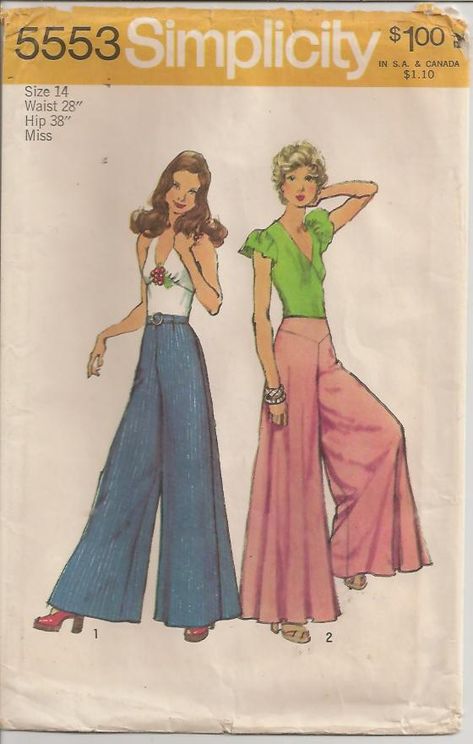 Simplicity 5553; ©1973; Junior Petites' and Misses' Wide Leg Pants: The pants V. 1 have back zipper, waistband and self-fabric buckled belt. The pants V. 2 have back zipper and shaped yoke. Pant legs V. 2 are wide than pant legs V. 1. Palazzo Pants Pattern, 70s Sewing, Wide Leg Pants Pattern, Pants Patterns, 70s Mode, 60s Vintage Fashion, 70s Sewing Patterns, 70s Pants, Mode Hippie