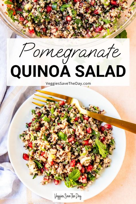 Pomegranate Quinoa Salad is loaded with fresh and fruity flavors. This Mediterranean-inspired salad features mint, parsley, and a tangy pomegranate dressing. Vegan Pomegranate Salad, Winter Quinoa Salad Recipes, Pomegranate Quinoa Salad, Christmas Quinoa Salad, Pomagranet Salad, Winter Quinoa Salad, Quinoa Pomegranate Salad, Vegan Mediterranean Diet, Salad With Pomegranate Seeds