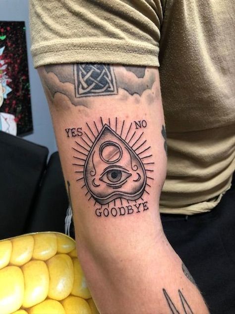 Ouija Board tattoo, black and grey tattoo, planchette tattoo, arm tattoo, witchy tattoo, spiritual tattoo Ouji Board Tattoo, Ouija Planchette Tattoo, Planchette Tattoo Design, Ouija Board Tattoo, Planchette Tattoo, Ouija Tattoo, Wisdom Tattoo, Gothic Tattoos, Spiritual Tattoo