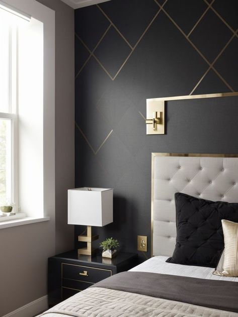 Charcoal Grey Accent Wall, Charcoal Grey Bedroom, Charcoal Grey Bedrooms, Grey Accent Wall, Accent Wall Ideas, Tufted Upholstered Headboard, Grey Bedroom, Wall Ideas, Geometric Wallpaper