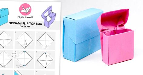 These are the instructions to make an origami flip top box, a bit like a cigarette box, store cards, crayons, pocky or candy in this box! Origami Kutu, Origami Box With Lid, Origami Lucky Star, Origami Yoda, Origami Star Box, Origami Diagrams, Origami Decoration, Origami Models, Origami For Beginners