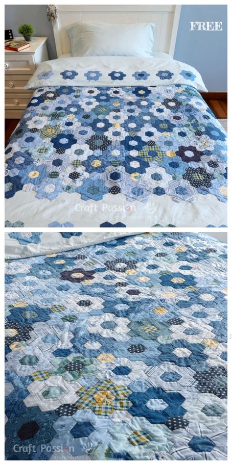 DIY Modern Hexagon Flower Quilt Duvet Free Sewing Pattern Hexagon Flower Quilt, Blue And White Quilts, Hexie Quilts Patterns, Grandmothers Flower Garden Quilt, Hexagon Quilt Pattern, Flower Quilt Patterns, Diy Sy, Hexagon Patchwork, Flower Garden Quilt