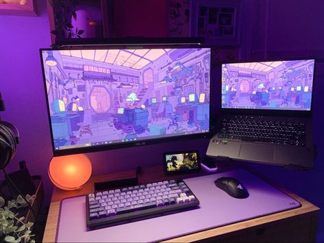 Gaming Laptop Setup Aesthetic, Laptop Monitor Setup Ideas, Gaming Room Setup Laptop, Gaming Setup Laptop And Monitor, Simple Laptop Setup, Laptop Pc Setup, Laptop Monitor Setup, Laptop And Monitor Desk Setup, Small Room Setup