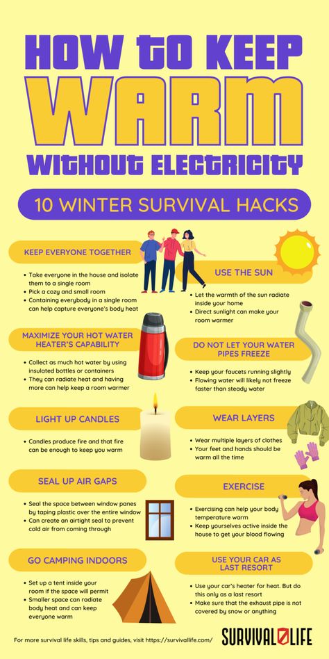 Heat Sources Emergency, Surviving Without Electricity, Winter Weather Preparedness, Winter Tips Life Hacks, Keeping Warm Without Electricity, How To Survive Winter, Off Grid Prepping, How To Survive Without Electricity, Home Heating Hacks Winter