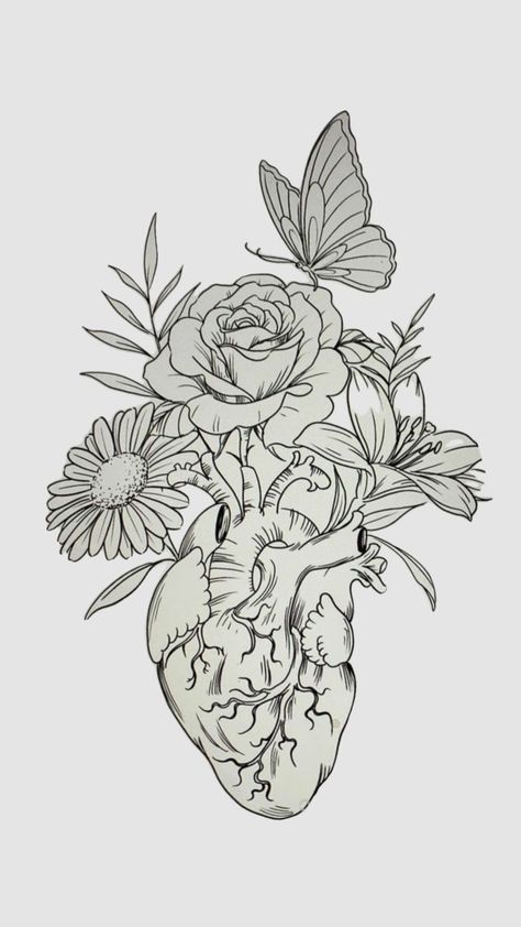 Human Heart With Flowers, Heart With Flowers, Arm Sleeve Tattoos For Women, Fantasy Tattoos, Rabbit Tattoos, Pencil Sketch Images, Boho Painting, Birth Flower Tattoos, Cool Pencil Drawings