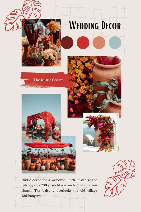 Savoring flavors atop the historic fort, our rustic-themed lunch is a journey through time, where history meets hearty cuisine. 🍽️🏰 Wedding Color Palette Indian, Indian Wedding Decor Moodboard, Indian Wedding Color Schemes, Banquet Themes, Ppt Inspiration, Veil Inspiration, Mood Board Fashion Inspiration, Sunset Theme, Indian Wedding Theme