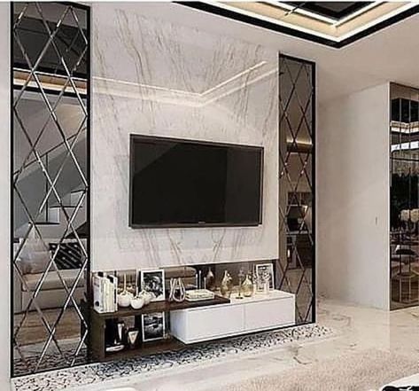 Tv Wall Design Mirror, Tv Wall Mirror Design, Mirror Panel Wall Interior Design Living Room, Tv Wall With Mirror Ideas, Mirror In Tv Unit, Tv Unit Mirror Design, Mirrored Tv Wall, Mirror And Tv On Same Wall, Tv Unit Design With Mirror