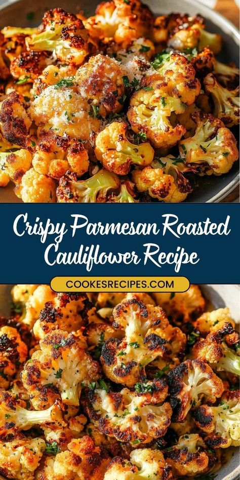 Enjoy this Crispy Parmesan Roasted Cauliflower, a flavorful and healthy side dish that’s simple to make! Perfectly roasted with a golden Parmesan crust, it's an irresistible way to enjoy veggies. #RoastedCauliflower #ParmesanCauliflower #HealthySideDish Pan Roasted Cauliflower, Cauliflower Recipes Keto Low Carb, Ways To Make Cauliflower, Whole Roasted Cauliflower Recipes Ovens, Fresh Veggie Sides, Veggie Thanksgiving Sides, Roasted Carrots And Cauliflower, Crispy Parmesan Roasted Cauliflower, Parmesan Cauliflower Roasted