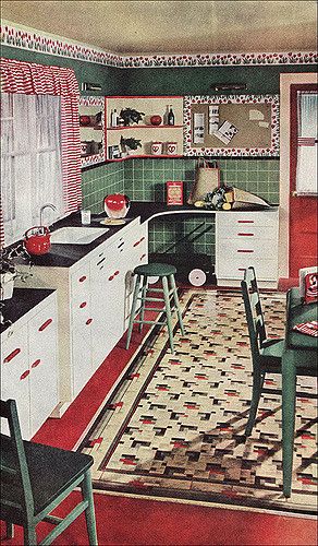 Congoleum gave Armstrong a run for their money consistently for decades as they both competed for the same flooring market. This kitchen features space to store the "family wagon" used for grocery shopping and hauling tired toddlers. It appears to be a patterned lino rug over linoleum flooring. The ad appeared in Ladies Home Journal. 1940s Kitchen, Architecture Antique, Old Fashioned Kitchen, 1940s Home, Casa Vintage, Linoleum Flooring, Deco Retro, Red Kitchen, Vintage Interiors