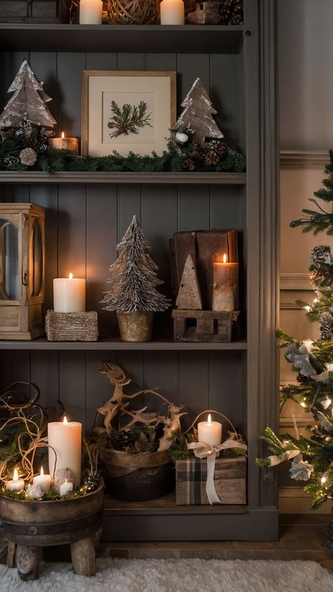 Transform your living room into a cozy winter wonderland with these rustic Christmas decor ideas From simple and modern DIY touches to white and natural farmhouse decor these easy living room ideas will bring country charm to your home this holiday season Lantern Winter Decor, Winter Shelf Styling, Vintage Moody Christmas Decor, Indoor Winter Decorating Ideas, Winter Entryway Table Decor, Easy Living Room Ideas, Modern Rustic Christmas Decor, Christmas Bookshelf Decor, Earthy Christmas Decor