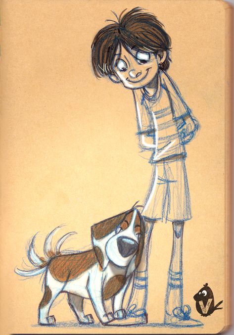 Beagle Character Design, Dog And Owner Illustration, Dog And Human Drawing, Beagle Art, Puppy Sketch, Book Art Projects, Animal Caricature, Animal Art Projects, Dog Animation