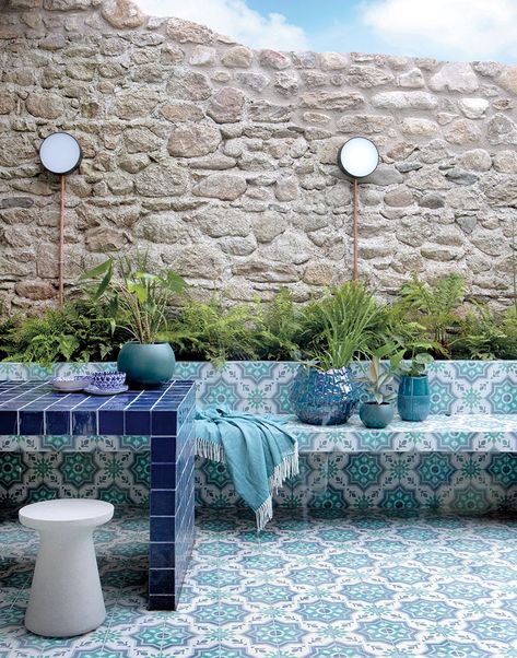 Tiled Table, Brick Archway, Dublin House, Rustic Tile, Eating Area, Paved Patio, London Garden, Outdoor Eating, Colourful Tile