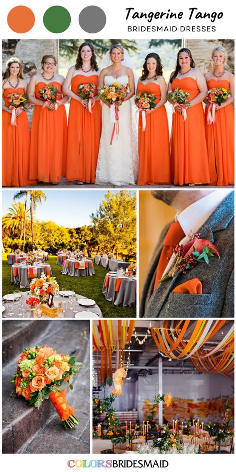 Tangerine Wedding Colors, Orange And Yellow Wedding Theme, Yellow And Orange Wedding, Yellow Flower Bouquet, Tangerine Bridesmaid Dresses, Tangerine Wedding, Orange Wedding Themes, Yellow Wedding Theme, White Bridal Gown