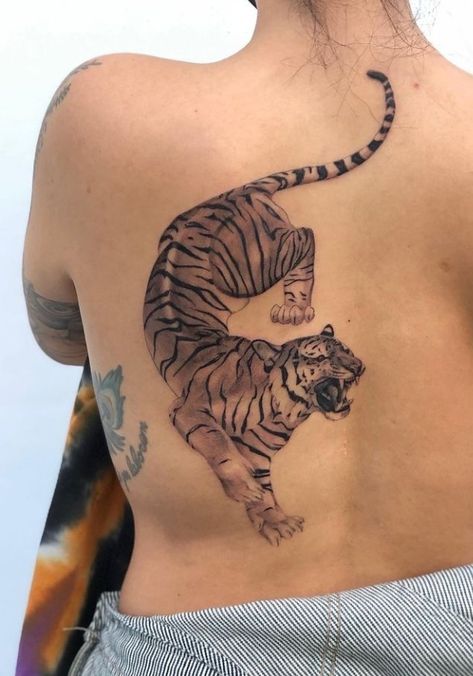 Tiger Prowling Tattoo, Tiger Chest Tattoo Female, Back Animal Tattoo, Lower Back Tiger Tattoo, Large Tiger Tattoo, Big Tiger Tattoo, Lion Walking Tattoo, Shoulder Tiger Tattoo, Tiger Rib Tattoo