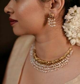 Kante With Guttapusalu, Polka Jewellery Indian, Neck Jwellary Design, Pearl Jewellery Indian, Indian Beaded Jewelry, Small Pearls Indian Jewellery, Pearl Choker Necklace Indian Gold, Pearl Indian Jewellery, Nakshi Earrings Gold