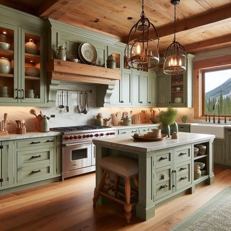 Rustic Sage Green Kitchen Cabinets Mossy Green Kitchen Cabinets, Distressed Green Cabinets, Sage Kitchen With Butcher Block, Green Kitchen With Butcher Block Counter, Log Cabin Kitchen Cabinets, Green Kitchen With Wood Cabinets, Green And Wood Kitchen Ideas, Sage Green Cupboards, Light Sage Green Kitchen Cabinets