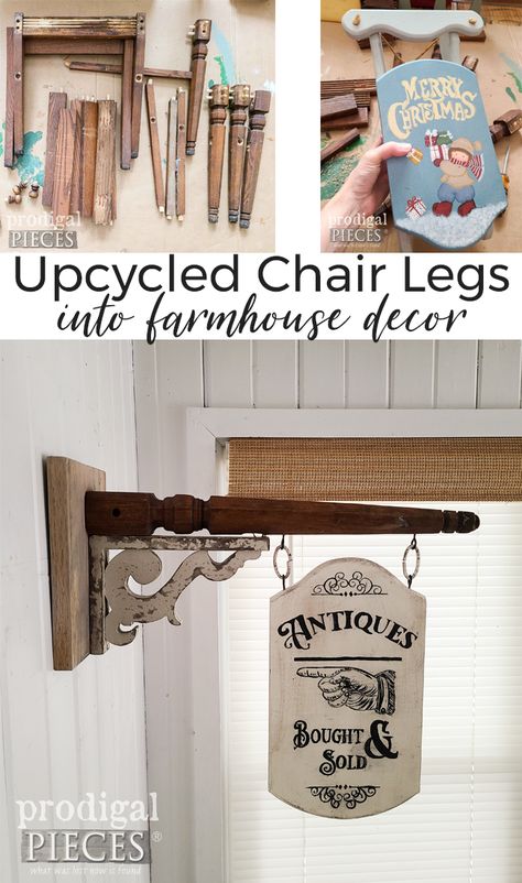 Repurposing Old Chairs, Crafts For Flea Markets, Repurposed Chairs Diy, Accent Table Color Ideas, Repurposed Table Legs Ideas Upcycle, Old Chair Decor Ideas, Chair Legs Repurposed, Chair Spindles Diy Projects, Diy Architectural Salvage