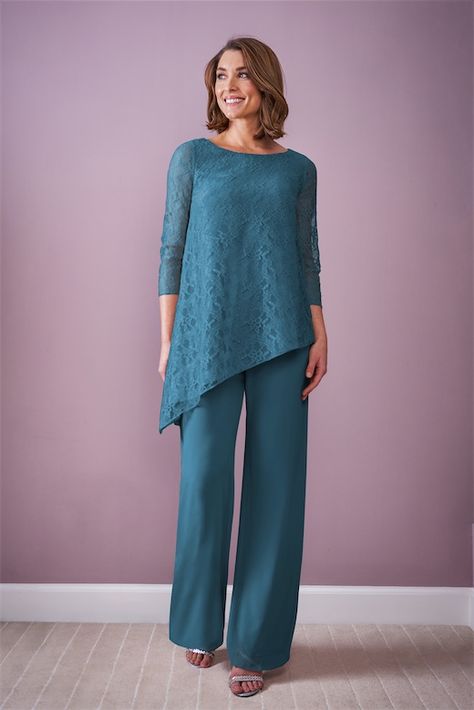 M220055 Two Piece Asymmetrical Tunic with three quarters Sleeves and Pant with Elastic Waistband Dressy Pant Suits, Pant Suits, Two Piece, Elastic, Pants, Green, Trousers