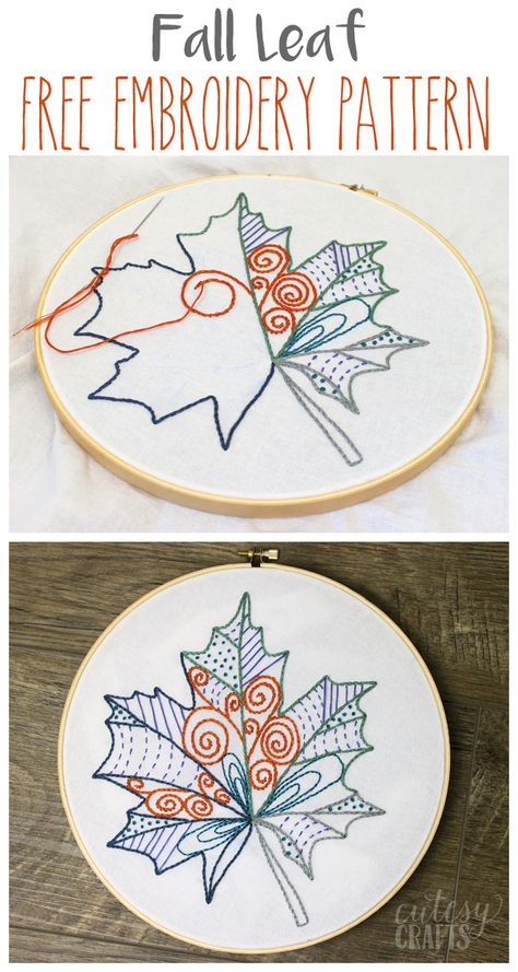 Fall Leaf Free Embroidery Pattern Hand Embroidery Patterns Free, Embroidery Leaf, Pola Sulam, Fall Leaf, Embroidery Patterns Free, Crewel Embroidery, Hand Embroidery Stitches, Embroidery For Beginners, Free Embroidery