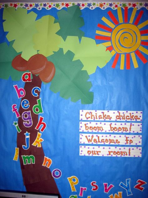 Coconut Tree Bulletin Board, Chicks Chicks Boom Boom Tree Bulletin Board, Chick A Chicka Boom Boom Bulletin Board, Preschool Beginning Of The Year Bulletin Boards, Display Board Decoration For School, Chicka Chicka Boom Boom Bulletin Board, Toddler Bulletin Boards, Classroom Bathroom, Kindergarten Bulletin Boards