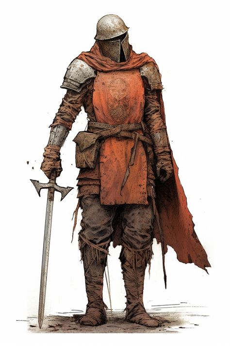 Palidens Dnd, Rusted Knight, Character Design Medieval, Medieval Concept Art, Rusty Armor, Medieval Mercenary, Orange Knight, Medieval Character Design, Organic Armor