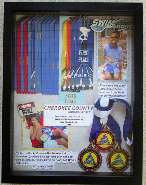 Swim Ribbons Display Ideas, Swim Ribbon Display, Award Ribbon Display, Swim Ribbons, Swimming Awards, Trophy Display, Ribbon Display, Paper Bag Scrapbook, Award Display