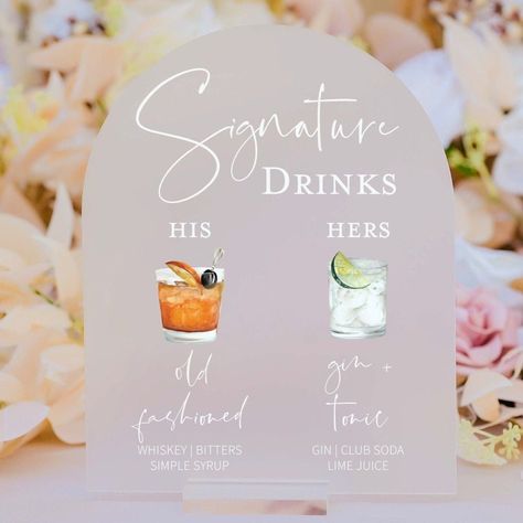 Click on the following link to browse HUNDREDS more designs in our shop!! https://pinkposiesandpearls.etsy.com/  Bar Menu Signature Cocktails Custom Clear Glass Look Acrylic Wedding Quote Sign with Dark Walnut Wooden Base or Clear/Silver Stand | Welcome to Pink Posies and Pearls Wedding and Gift Boutique | We love the sleek, clean lines of these wedding acrylic signs! This acrylic is a display material that is strong, moisture resistant & visually clearer than glass, not to mention shatterproof! | HOW TO ORDER | *.    These Signature Cocktail Signs feature a his and her specialty drink. First, choose your size (8x10 is pictured). *     Next, choose your stand choice. *     Last, enter the names and/or ingredients of each drink. If you are planning on 3 or more drinks, we suggest the 11x14 Wedding Quote Signs, Calligraphy Table Numbers, Acrylic Wedding Sign, Wedding Acrylic, Wedding Quote, Acrylic Signs, Pearls Wedding, Signature Cocktails, Rocks Glasses