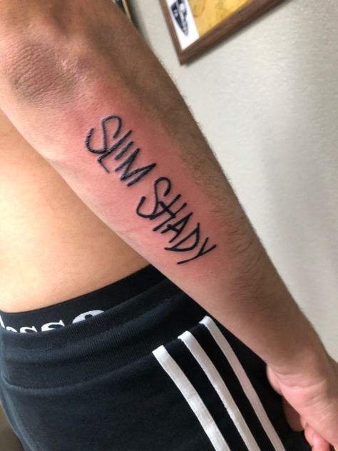 Tattoo Nr. 2 Simple Eminem Tattoo, Slim Shady Tattoo Ideas, Tattoo Ideas Eminem, Eminem Tattoo Ideas Lyrics, Eminem's Tattoos, Eminem Lyrics Tattoo, Eminem Tattoo Design, Slim Shady Tattoo, Eminem Inspired Tattoos