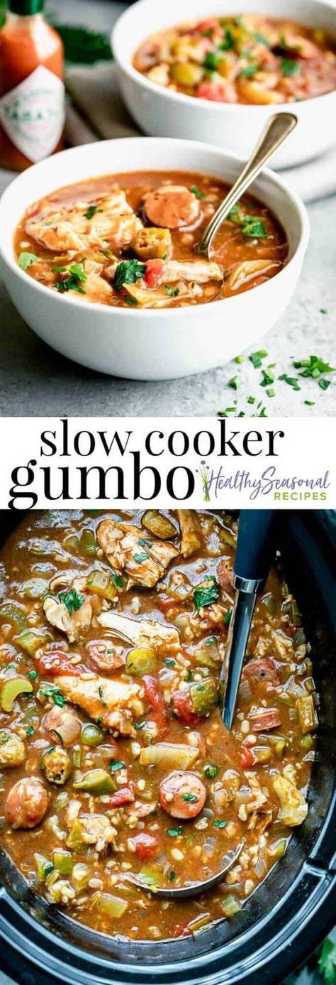 Slow Cooker Gumbo with Chicken, andouille sausage and okra. An easy make-ahead meal in one pot! #healthy #glutenfree #gumbo #slowcooker #crockpot #easy #makeahead #onepot via @healthyseasonal Slow Cooker Gumbo, Gumbo Slow Cooker, Gumbo Crockpot, Chicken Andouille Sausage, Chicken Gumbo, Pasta Fagioli, Gumbo Recipe, Andouille Sausage, Andouille