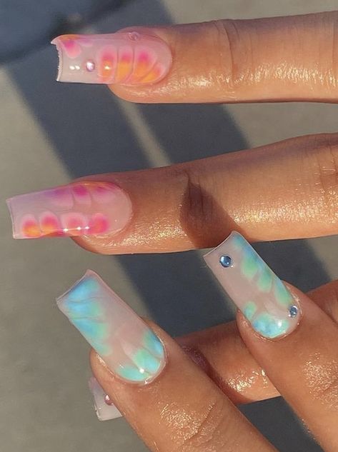 Jem Flower Nails, Coffin Tropical Nails, Summer Gel X Nails Square, Gel Acrylic Nails Square, Glitter Hibiscus Nails, Pink Orange And Green Nails, Square Blooming Gel Nails, Tropical Nails Square, Summer Blooming Gel Nails