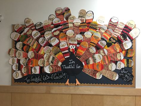 Thanksgiving turkey made by multiple grade 3 classes. We had students finish the sentence, “I’m Thankful for....” on their own pastel colored feather. Thanksgiving Collaborative Art, Thanksgiving Projects For Elementary Students, Thankful Quilt Classroom, Thanksgiving Art For Elementary Students, Thanksgiving Art For Middle School, Middle School Thanksgiving Art Projects, 5th Grade Thanksgiving Crafts, Thanksgiving Art Ideas, Thanksgiving Third Grade