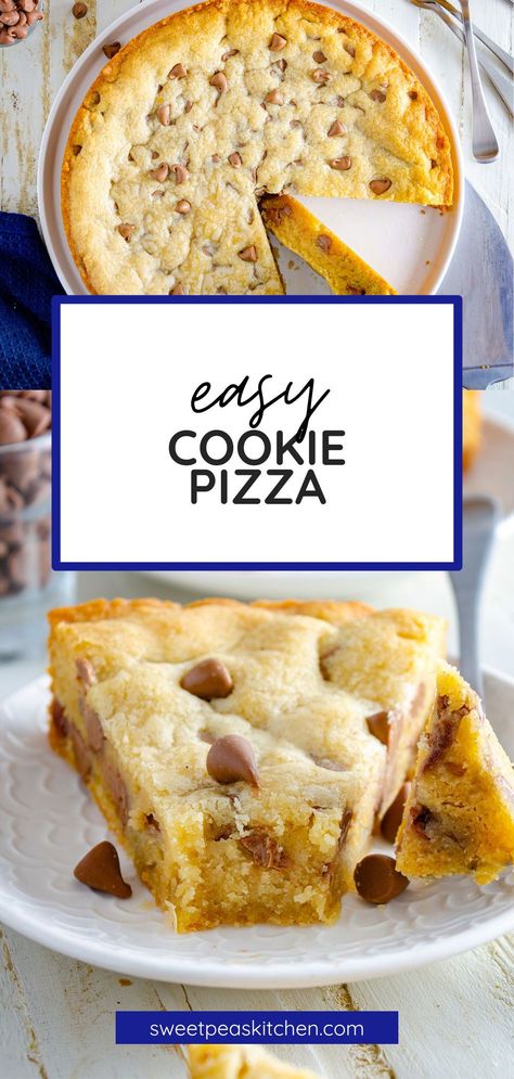 A cookie for all the pizza lovers out there, this giant chocolate chip cookie is the perfect dessert pizza that your whole family will crave. A buttery, soft, chewy cookie, loaded with milk chocolate chunks. This recipe is such a fun way to share dessert with friends and family. Cookie Pizza Chocolate Chip, Chocolate Chip Pizza Recipe, Cherry Dessert Pizza, Dessert Pizza Recipe Easy, Chocolate Chip Pizza, Cookie Pizza Recipe, Chocolate Chip Cookie Pizza, Sugar Cookie Pizza, Pizza Desserts