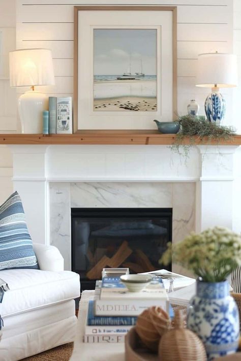 12 Coastal Fireplace Mantel Styling Ideas » Lady Decluttered Coastal Fireplace Ideas, Beach House Fireplace, Charleston Apartment, Coastal Mantle Decor, Beach Fireplace, Coastal Fireplace, Mantel Styling, Farmhouse Mantle Decor, Mantle Styling