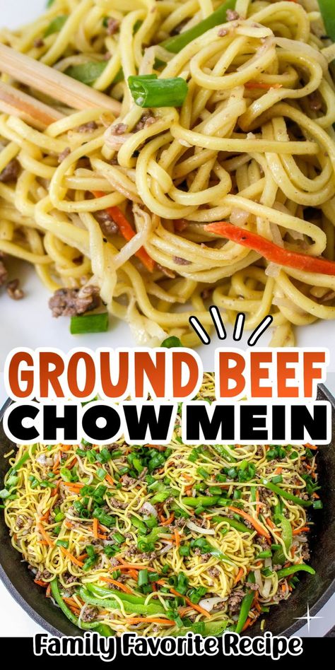 Tender ground beef mixed with chow mein noodles and tender vegetables all coated in a homemade tangy sauce. A great takeout meal to make at home. Ground Beef Chow Mein Recipe, Ground Beef Chow Mein, Braised Steak And Onions, Mr Noodle, Homemade Chow Mein, Braised Steak, Beef Chow Mein, Steak And Onions, Chow Mein Recipe