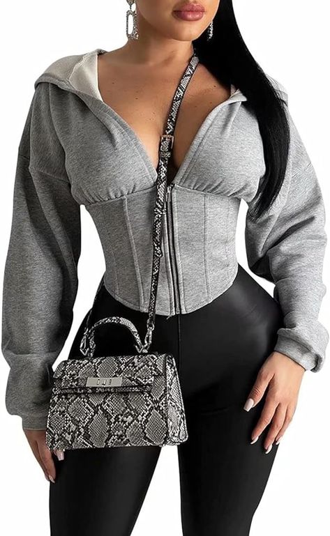 PRIVIMIX Women's Half Zipper Corset Top Long Sleeve Cropped Hoodie Solid Deep V-Neck Casual Workout Jacket Sweatshirt Grey M at Amazon Women’s Clothing store Hoodie Coat, Winter Hoodies, Cropped Sweatshirt, Comfortable Tops, Grey Fashion, Casual Fall, Cropped Hoodie, Long Sleeve Hoodie, Sweatshirt Fashion