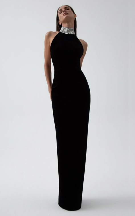 Crystal-Embellished Velvet Maxi Dress By Rasario | Moda Operandi Hollywood Attire, Black Tie Outfits, Velvet Maxi Dress, Velvet Maxi, Guest Attire, Wedding Attire Guest, Black Gown, Halter Maxi Dresses, Mode Inspo