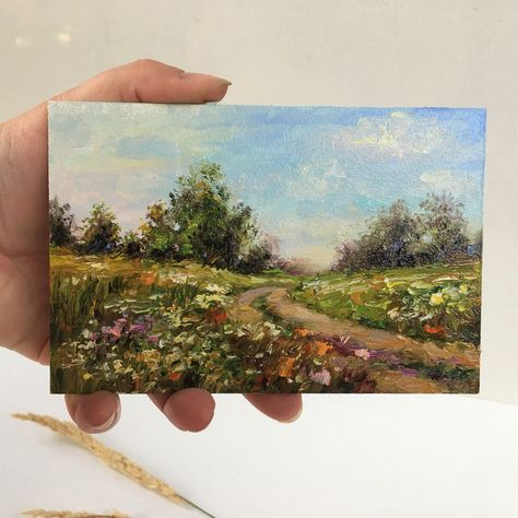 Rural-rustic landscape with flower fields, trees, a country road, made in the style of impressionism with juicy oil strokes on the panel. Tini miniature author's original oil painting in impasto technique. Bright and positive picture for your home. This modern 4x6 painting will remind you of your travels and inspire you to new ones. It can be given for any occasion, it will suit any interior: modern and provence, boho, rustic and primitive. For bathroom, kitchen, bedroom, living room, nursery room or office. This painting is sold. I can make it to order. During 3-5 days, than drying time of oil can vary between 7 to 10 days. You can order me your size. It will be as close as possible to the one you see here however it won't be identical as each of my paintings is Original and unique piece. Art Mini Toile, Flower Poppy, Poppy Field, Summer Landscape, Mini Canvas Art, Art Inspiration Painting, Mini Paintings, Painting Art Projects, Art Business