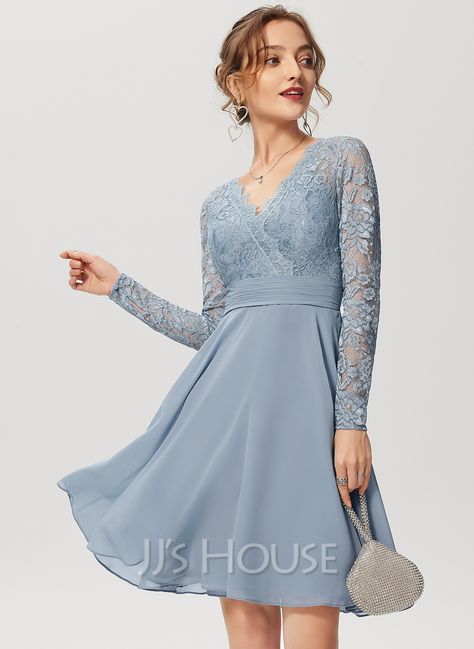 A-Line V-neck Knee-Length Chiffon Lace Bridesmaid Dress (007255084) - JJ's House Bridesmaid Dresses Medium Length, Light Blue Cocktail Dress With Sleeves, Winter Formal Dresses Knee Length, Dusty Blue Lace Dress, Knee Length Dresses Long Sleeve, Jjhouse Dresses, Dresses Above The Knee, Cocktail Dress With Sleeves, Snowball Dance