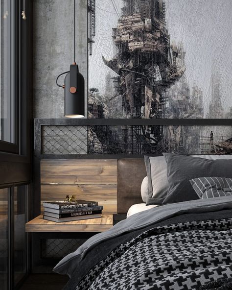 Masculine Interior Design, Industrial Decor Bedroom, Urban Industrial Decor, Industrial Bedroom Design, Industrial Style Bedroom, Bedroom Ideas For Men, Men Bedroom, Industrial Style Interior, Masculine Interior