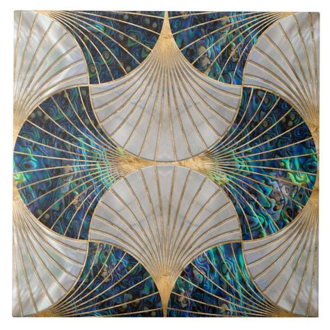 Seashell Art Deco - Abalone Shell and Pearl Ceramic Tile  Zazzle Art Deco Tiles, Art Coquillage, Art Deco Abstract, Deco Bathroom, Raku Pottery, Gold Ceramic, Paper Coaster, Seashell Art, Salou