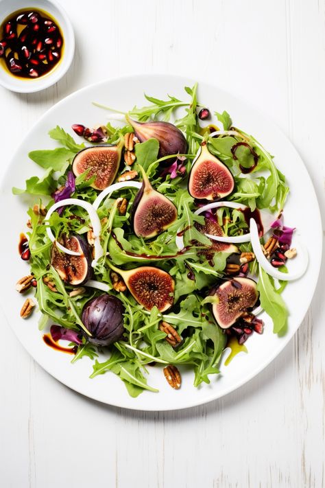 "Experience the Fresh Flavours: Turkish Grilled Fig Salad with Arugula and Walnuts Recipe" #mediterraneandiet Turkish Mezze, Fig Salad Recipes, Pomegranate Dressing, Walnuts Recipe, Fig Salad, Cheese Alternatives, Yummy Salads, Pecan Salad, Walnut Recipes