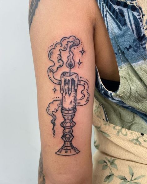 Candle Stick Tattoo Traditional, Black Flame Candle Tattoo, Tricep Tattoo Ideas, Elixir Tattoo, Traditional Candle Tattoo, Candlestick Tattoo, Law Tattoos, Outer Bicep Tattoos, Tattoo Inner Arm