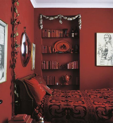 Iconic Interior - Red Bedroom - Interiors By Color Red Bedroom Design, Romantic Bedroom Design, Red Bedroom, Trendy Apartment, Red Bedding, Bedroom Red, Red Rooms, Red Walls, Red Interiors