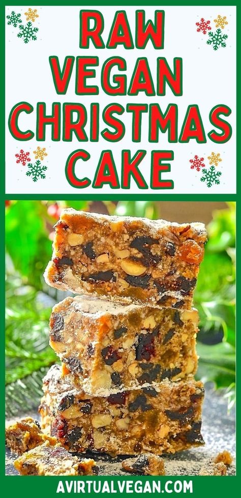 Festive fruit & nut flavours combine in this deliciously rich & moist Raw Vegan Christmas Fruit Cake. A fabulous alternative to traditional baked Christmas cake & so easy to make because it's no bake! Vegan Christmas Cake, Vegan Fruit Cake, Vegan Xmas, Vegan Wedding Cake, Vegan Christmas Recipes, Fruit Cake Christmas, Vegan Holiday, Vegan Wedding, Gluten Free Christmas