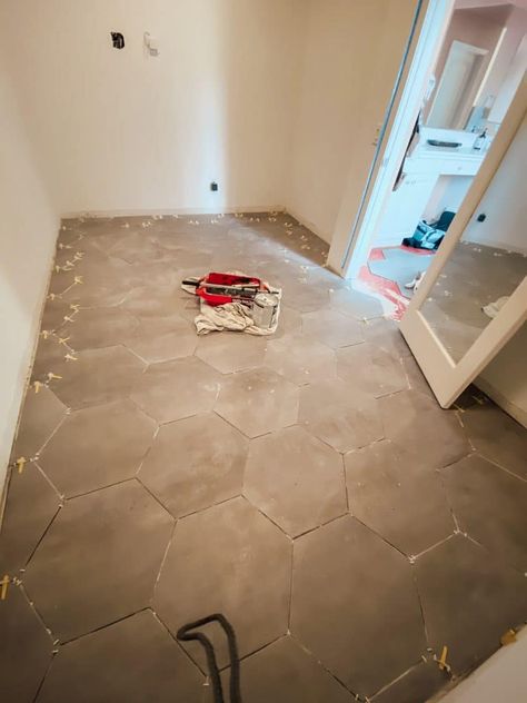 Tile In Closet, Master Closet Tile Floor, Tile Closet Floor, Closet Flooring Ideas, Walk In Closet And Bathroom Combo, Closet Flooring, Closet And Bathroom Combo, Walk In Closet Diy, Master Closet Renovation