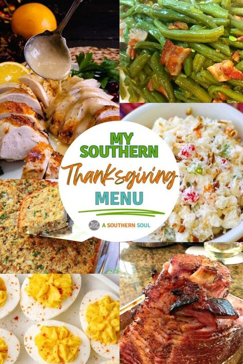 Southern Green Bean Recipes, Classic Thanksgiving Menu, Turkey Breast Crockpot, Cornbread Dressing Southern, Southern Thanksgiving Menu, Southern Thanksgiving, Southern Cornbread, Thanksgiving Menu Ideas, Crowd Pleasing Appetizers