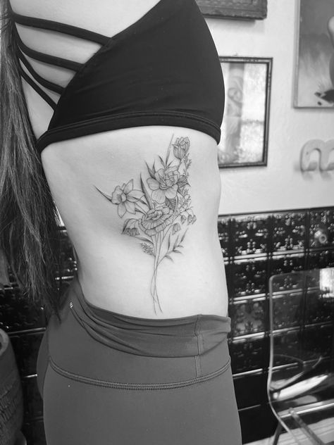 Family Bouquet Tattoo, Daffodil Tattoo, Bouquet Tattoo, Memorial Tattoo, Color Tattoo, Lily Of The Valley, Daffodils, The Valley, Tattoo Design